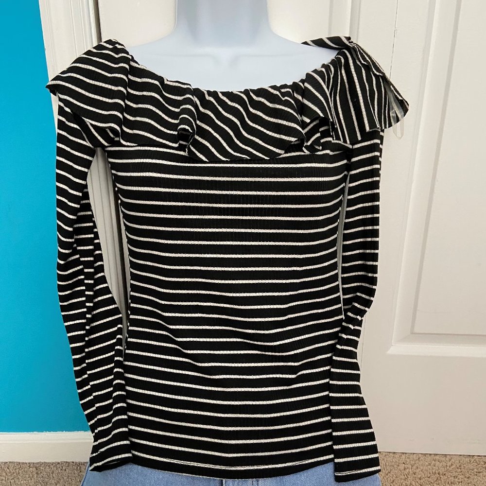 Jolie Black & White Striped Long Sleeved Rib Top